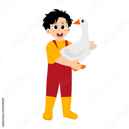 A little child hugging a goose. Vector illustration.