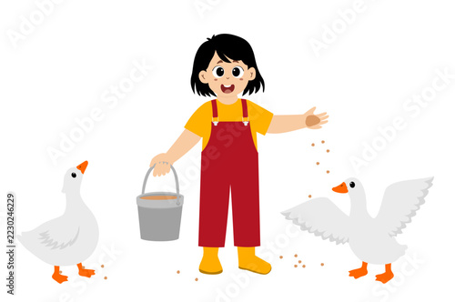 little kid is feeding a goose. Vector illustration.
