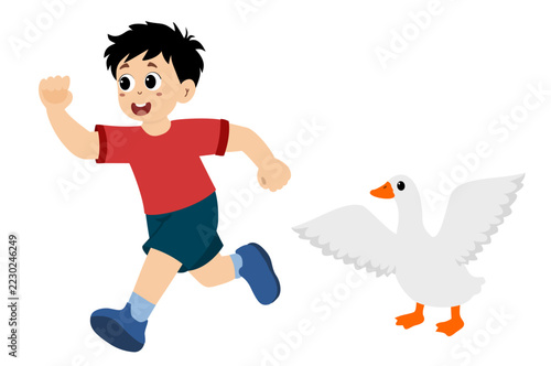little kid being chased by a goose. Vector illustration.