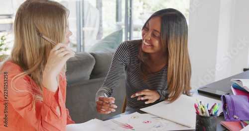 Happy diverse teenager girls sitting on sofa, doing homework together