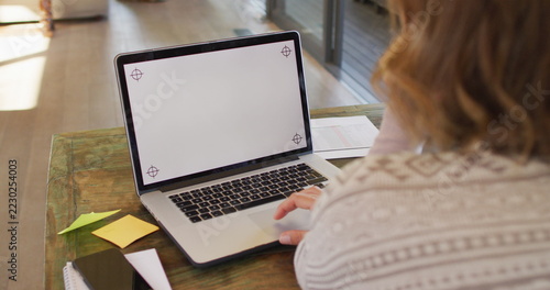 Back view of caucasian pregnant woman working remotely using laptop with copy space