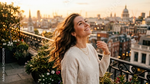 Woman with windblown hair gazing upward in warm urban sunlight, cinematic lifestyle portrait photography, golden highlights, softly blurred city background, aspirational wellness and freedom concept.
