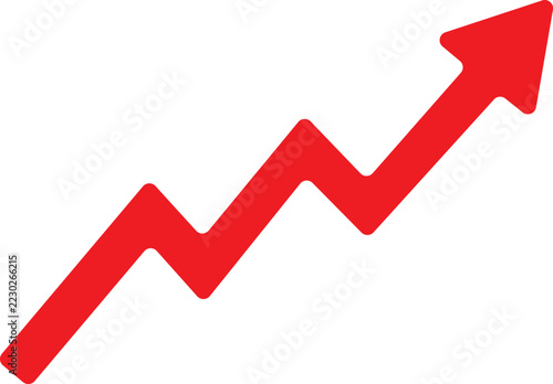 Red upward arrow stock market chart growth icon representing financial trend, inflation rise, market increase, and economic statistics vector illustration isolated on white background