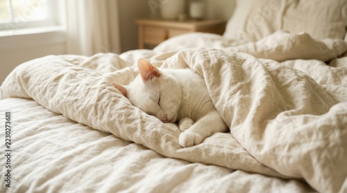 White cat sleeping deeply beneath rumpled cream bedding, cozy pet photography, soft natural window light, warm ivory palette, intimate close-up and calming domestic lifestyle mood.