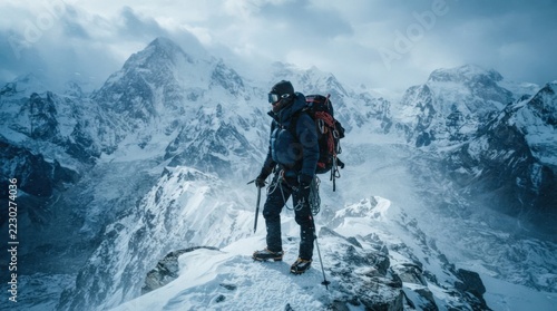 Mountaineer bundled in technical winter gear standing in snowy mountains, cold blue-white palette, cinematic adventure photography, windblown snow, rugged backpack, intense alpine atmosphere.