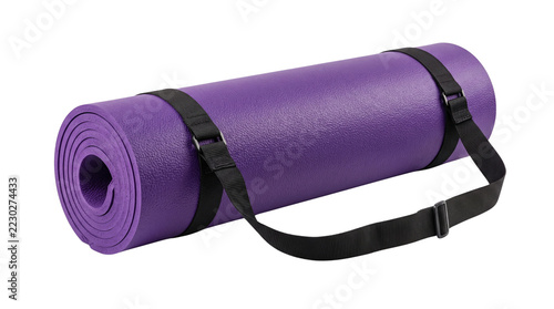 Rolled purple yoga mat with black carrying strap a white , isolated on transparent background png .