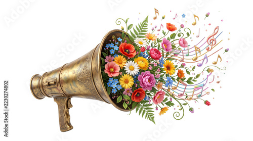 A vintage brass megaphone overflowing with a vibrant bouquet of colorful spring wildflowers , isolated on transparent background png .