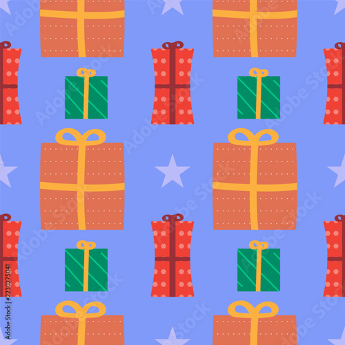 Christmas seamless pattern background with colorful red orange and green gift boxes with ribbons and stars for holiday wrapping paper design