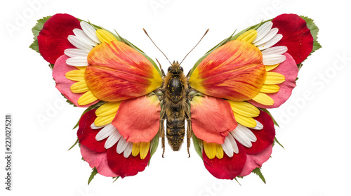 A butterfly created from colorful flower petals with butterfly sculpture assembled , isolated on transparent background png .