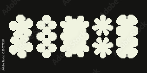 Set of retro pixel art geometric shapes and abstract masks. Minimal 8-bit style frames and design elements isolated on background.