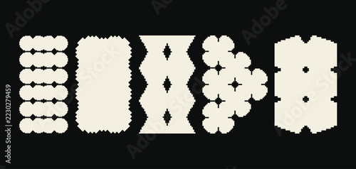 Set of retro pixel art geometric shapes and abstract masks. Minimal 8-bit style frames and design elements isolated on background.