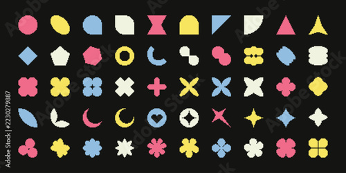 Set of retro pixel art geometric shapes and abstract masks. Minimal 8-bit style frames and design elements isolated on background.
