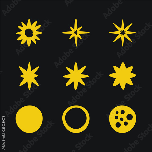 Minimal celestial silhouette symbols isolated on a black background. Hand drawn yellow star and planet icons vector design elements.