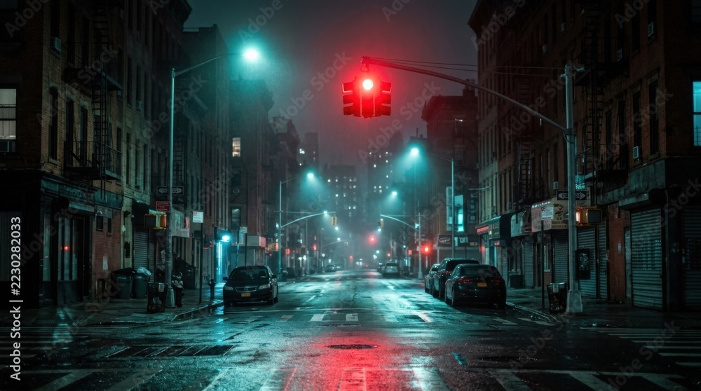 Fototapeta premium Empty urban street at night with glowing red traffic light and teal street illumination, cinematic city photography, wet pavement reflections, dark atmospheric surroundings, red and cyan color