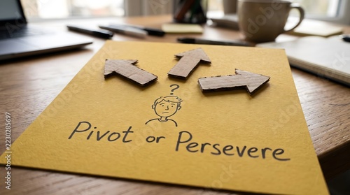 Pivot or persevere handwritten on yellow paper with cardboard arrows pointing different directions and confused person doodle, startup decision, change of direction and strategy concept