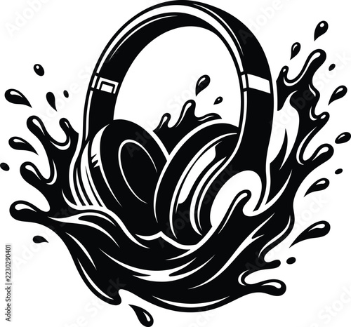 Headphones with ink splash audio design listening equipment electronic entertainment splashing movement illustration