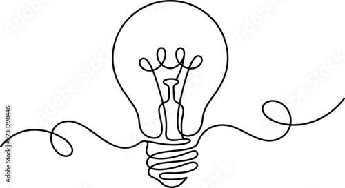 Lightbulb illustrated in a single continuous line drawing with innovation creativity solution inspiration minimalist