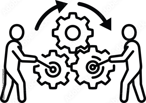 People working together with rotating mechanical gears as a concept teamwork collaboration business management cooperation minimalist