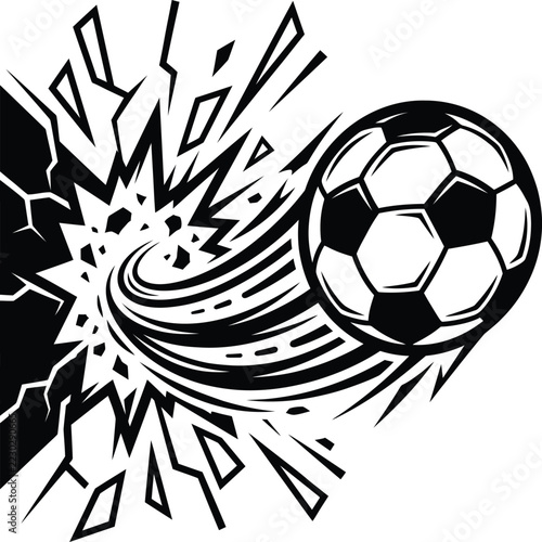 Soccer ball bursting through a cracked wall with dynamic motion football explosion competition championship tournament illustration