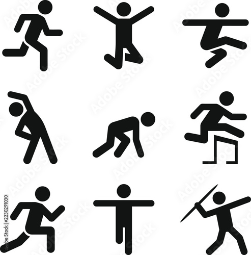 Athletes performing various sports activities and physical exercises in black silhouettes with exercise activity movement