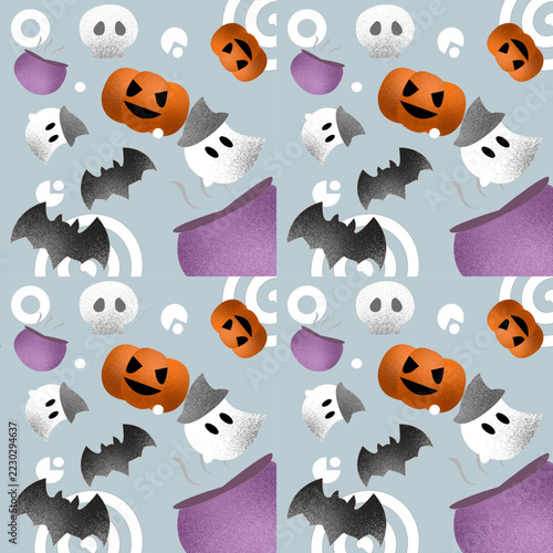 Grey-Blue Textured Halloween Seamless Pattern with Pumpkins Skulls Ghosts
