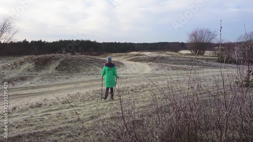 Little girl in the green jacket is engaged in Nordic walking on sand dunes in the late autumn.