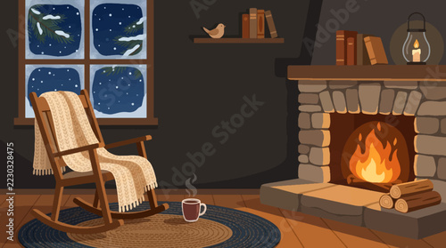 Cozy Winter Cabin Interior with Glowing Fireplace and Snowy Window View