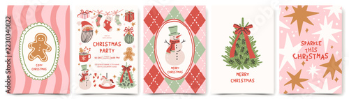 Christmas greeting card set with gingerbread man, snowman, Christmas tree, sparkles, argyle and wavy patterns in whimsical doodle hand drawn style. Vector template for poster, cover, banner