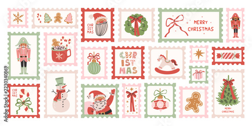 Christmas postage stamps set with nutcracker, Santa Claus, snowman, christmas tree, ornaments in hand drawn style. Vector collection for holiday mail, stationery, scrapbooking, stickers and packaging