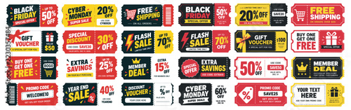 Cyber Monday Sale Coupon and Discount Voucher Labels Vector Set