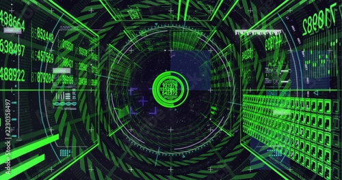 Spiraling neon HUD tunnel drawing inward in starfield, with central target and floating data panels