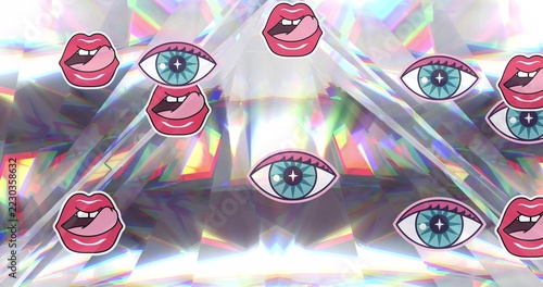 Floating cluster of teal eyes and pink lips drifting over holographic prism facets, outlined