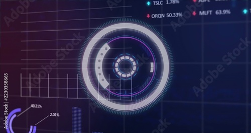 Displaying concentric-ring HUD glowing on digital dashboard showing donut chart, dotted bars
