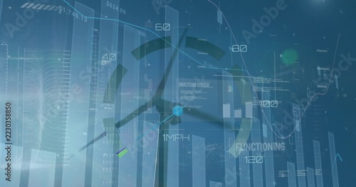 Displaying wind turbine silhouette rotating in monitoring dashboard, with radial gauge and charts