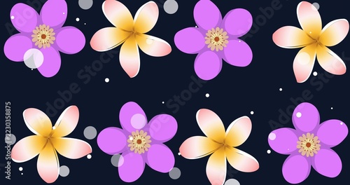 Showing floral pattern in vector, purple and yellow 5-petaled flowers, white or gray dots on dark na