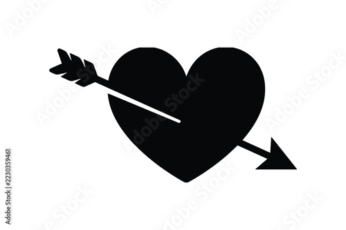Valentine Love Heart Pierced By Cupid Feathered Arrow Romantic Silhouette Vector Icon