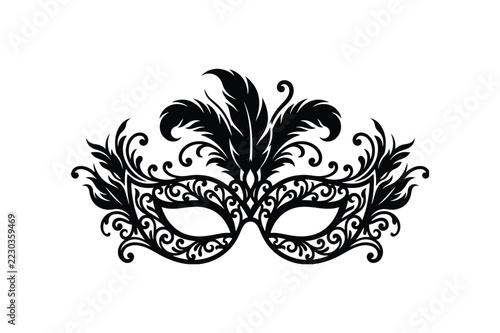 Venetian Carnival Mask With Decorative Feathers Festive Silhouette Vector Illustration