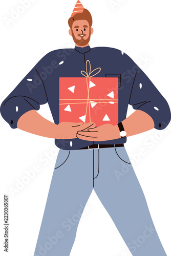 Person holding gift box. Happy man with birthday present wrapped in festive p...