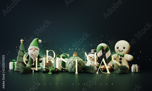 Green Santa Claus with Christmas decoration and text on green background. Christmas greeting card design with copy space. 3D Rendering, 3D Illustration