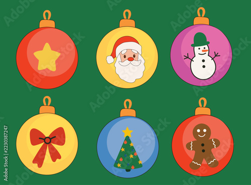 Christmas Glass Ball Decoration. Funny Cartoon Retro Toy Element Collection. New Year Spruce Tree Ornament. Family Celebration Party Xmas Decoration Design Icon Set
