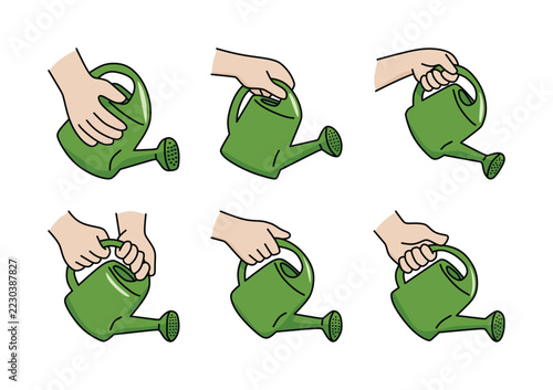 six poses of a hand holding a garden plant watering tool
