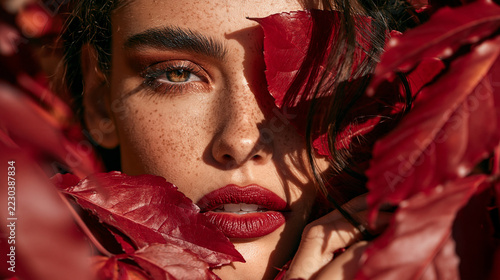 Close-up portrait of freckled woman with red lips framed by autumn leaves