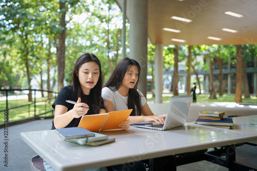 Obraz na plátně Two young Asian women collaborate on coursework at a modern university library,