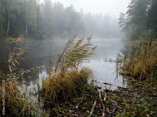 Misty lake surrounded by reeds and trees in overcast autumn weather.