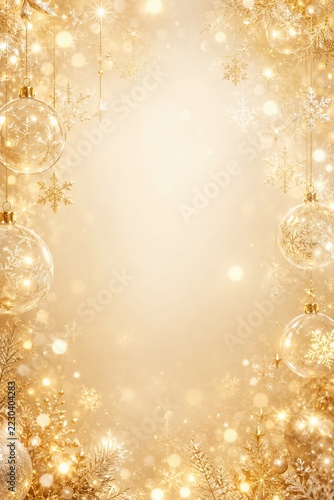 Golden Christmas background with glass ornaments snowflakes glowing lights and festive copy space