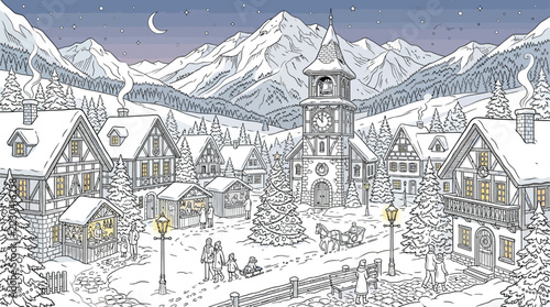 Winter village illustration featuring traditional alpine houses, snow covered mountains, festive market stalls, and sparkling lights on transparent background