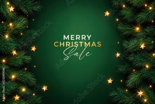 Luxury Christmas and New Year Sale Banner with Fir Branches and Gold Lights