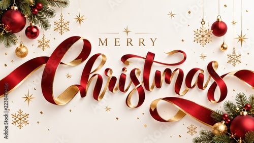 Merry Christmas Ribbon Typography with Red and Gold Holiday Decorations
