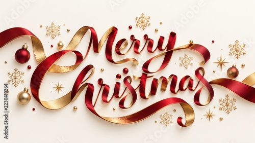Merry Christmas Ribbon Typography with Red and Gold Holiday Decorations
