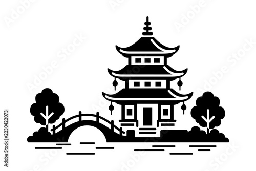 Black Pagoda Temple with Traditional Asian Architecture, Decorative Trees and Arched Bridge – Minimalist Oriental Landmark Illustration for Travel, Tourism, Zen, and Cultural Design